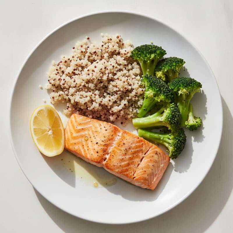 Seared Salmon Fillet with Steamed Broccoli and Quinoa