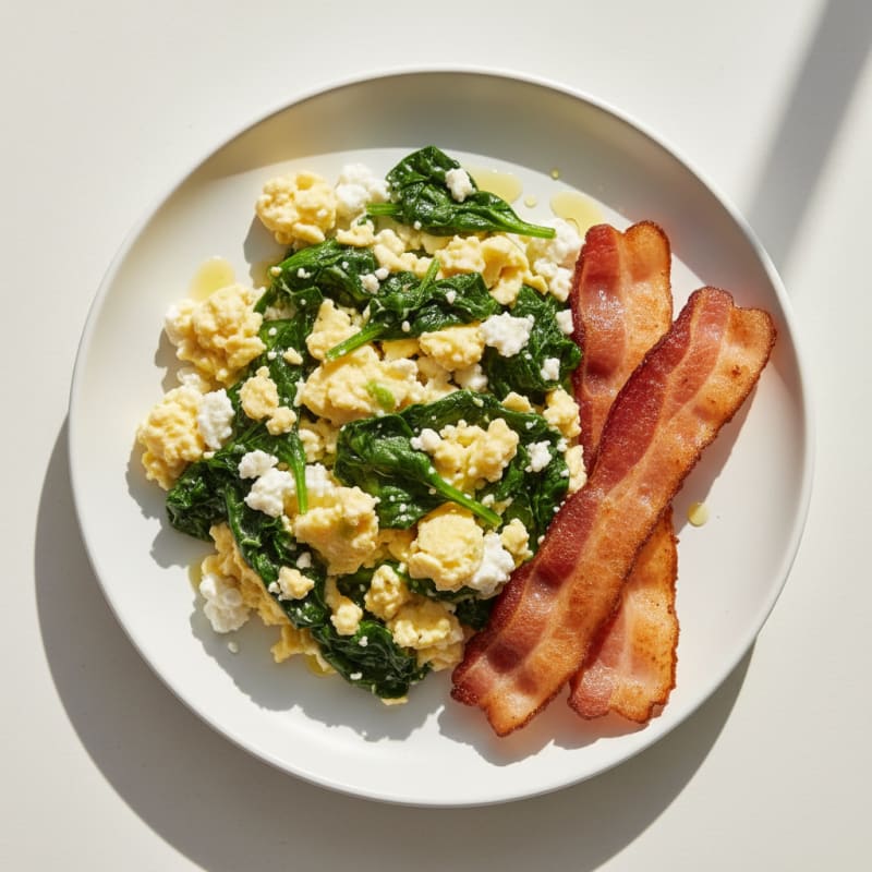 Cottage Cheese Egg Scramble with Sautéed Spinach and Turkey Bacon