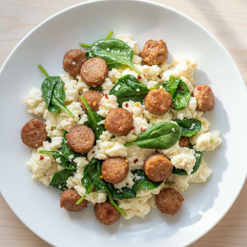 Egg White Scramble with Turkey Sausage and Sautéed Spinach