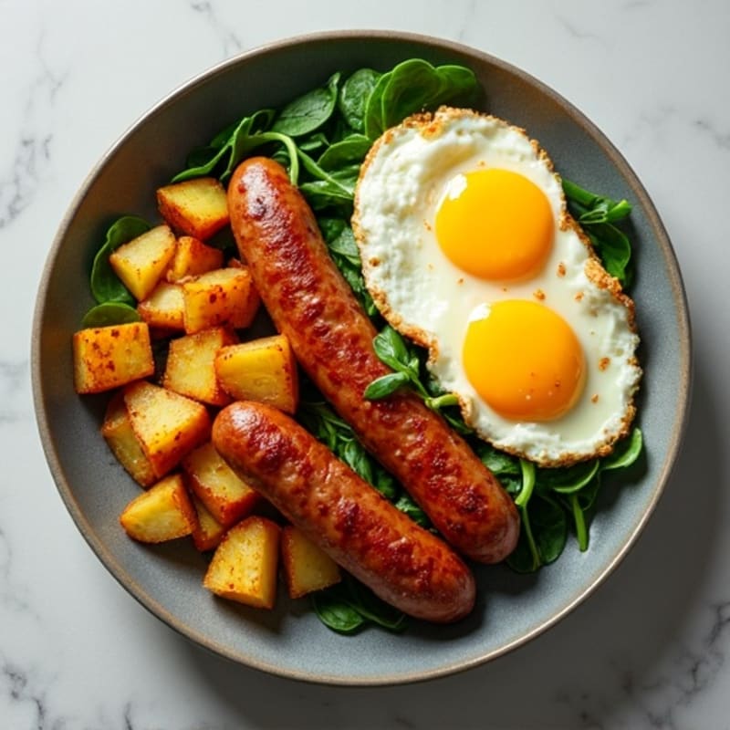 Crispy Potato and Lean Sausage Skillet with Scrambled Eggs and Fresh Greens