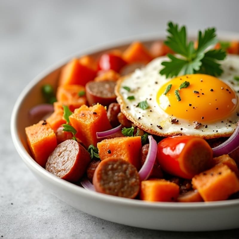 Crispy Sweet Potato and Chicken Sausage Egg Hash