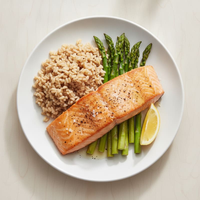 Seared Salmon with Steamed Asparagus and Brown Rice