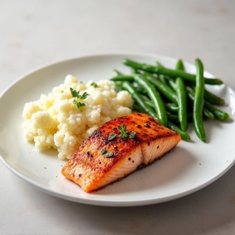 Seared Salmon with Steamed Green Beans and Garlic Mashed Cauliflower