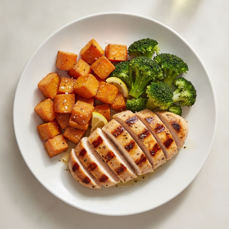 Grilled Chicken Breast with Roasted Sweet Potato and Steamed Broccoli