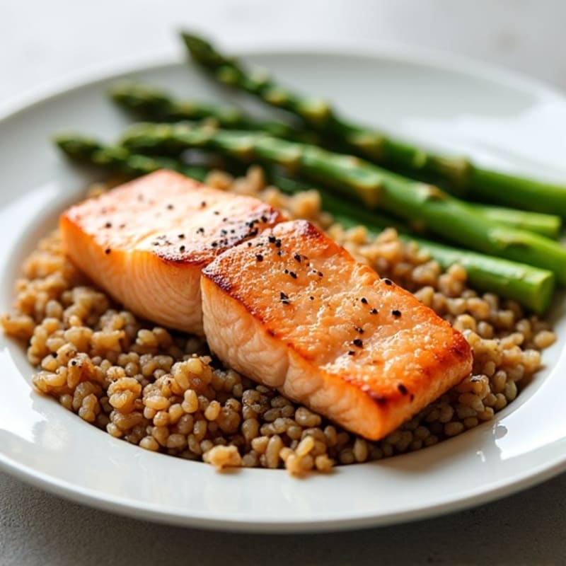 Seared Salmon Fillet with Steamed Asparagus and Brown Rice