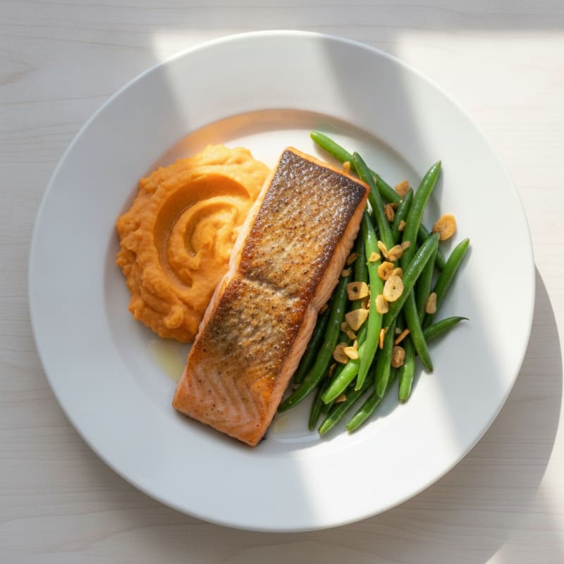 Seared Salmon with Garlic Green Beans and Sweet Potato Mash
