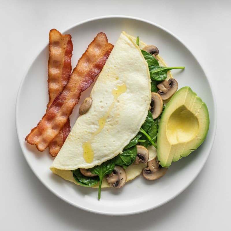 Egg White Spinach Omelette with Turkey Bacon and Sautéed Mushrooms