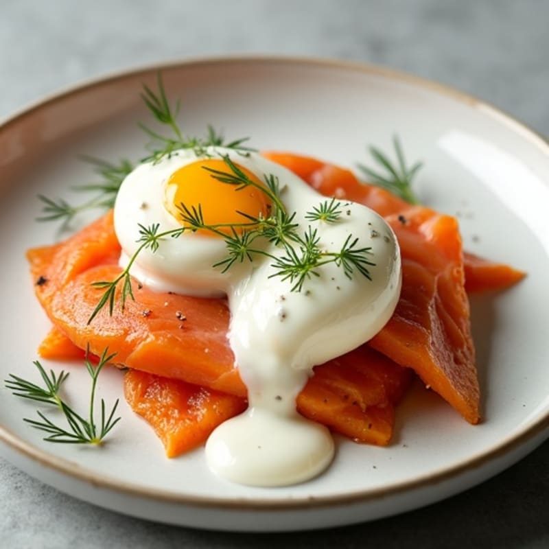 Poached Eggs with Roasted Sweet Potato, Smoked Salmon, and Creamy Lemon Dill Sauce