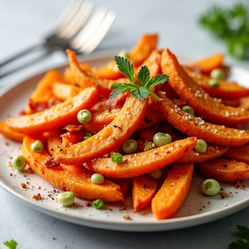 Crispy Sweet Potato Fries with Smoky Bacon and Creamy Cheddar Sauce