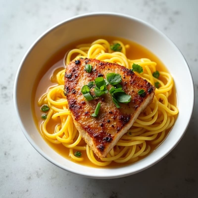 Spaghetti Squash Noodle Bowl with Savory Broth and Crispy Chicken