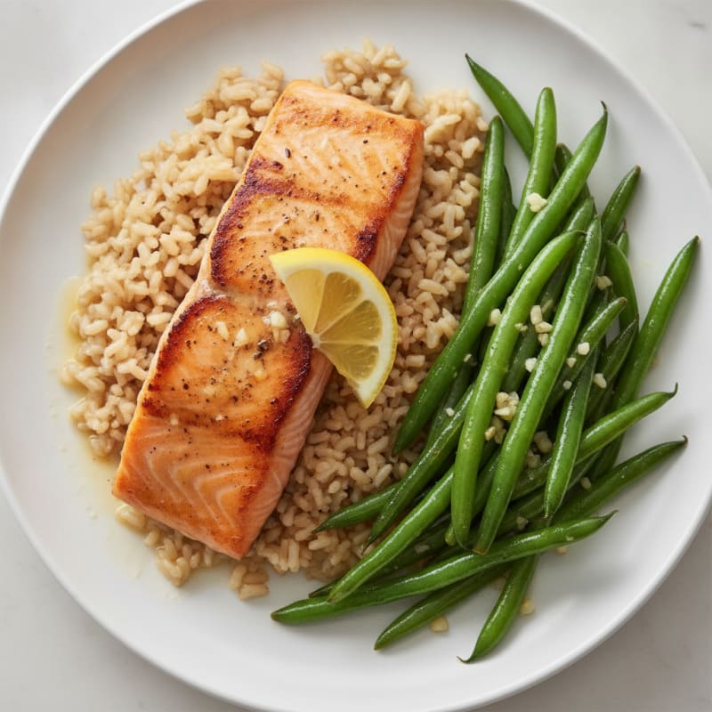 Seared Salmon with Garlic Green Beans and Steamed Brown Rice