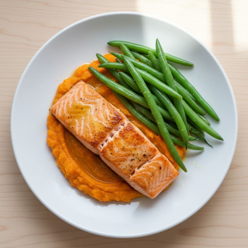 Seared Salmon Fillet with Steamed Green Beans and Sweet Potato Mash