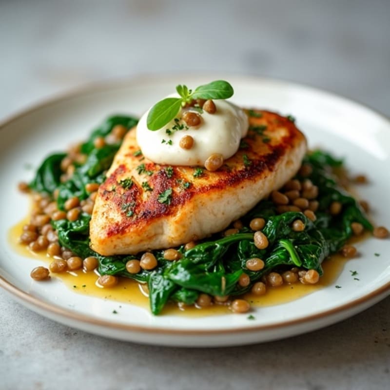 Pan-Seared Chicken Breast with Creamy Lentils and Wilted Spinach
