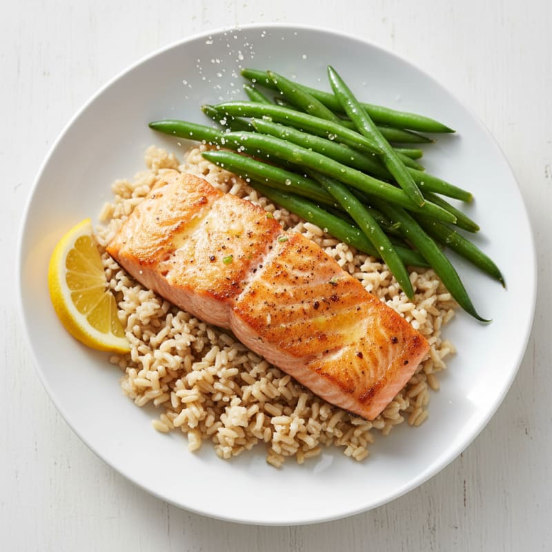 Seared Salmon Fillet with Steamed Green Beans and Brown Rice
