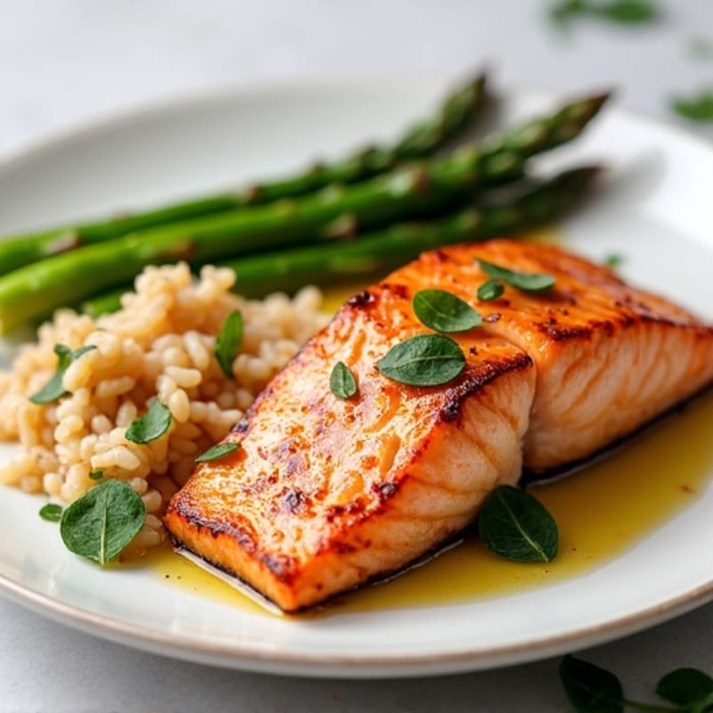 Seared Salmon Fillet with Steamed Asparagus and Brown Rice