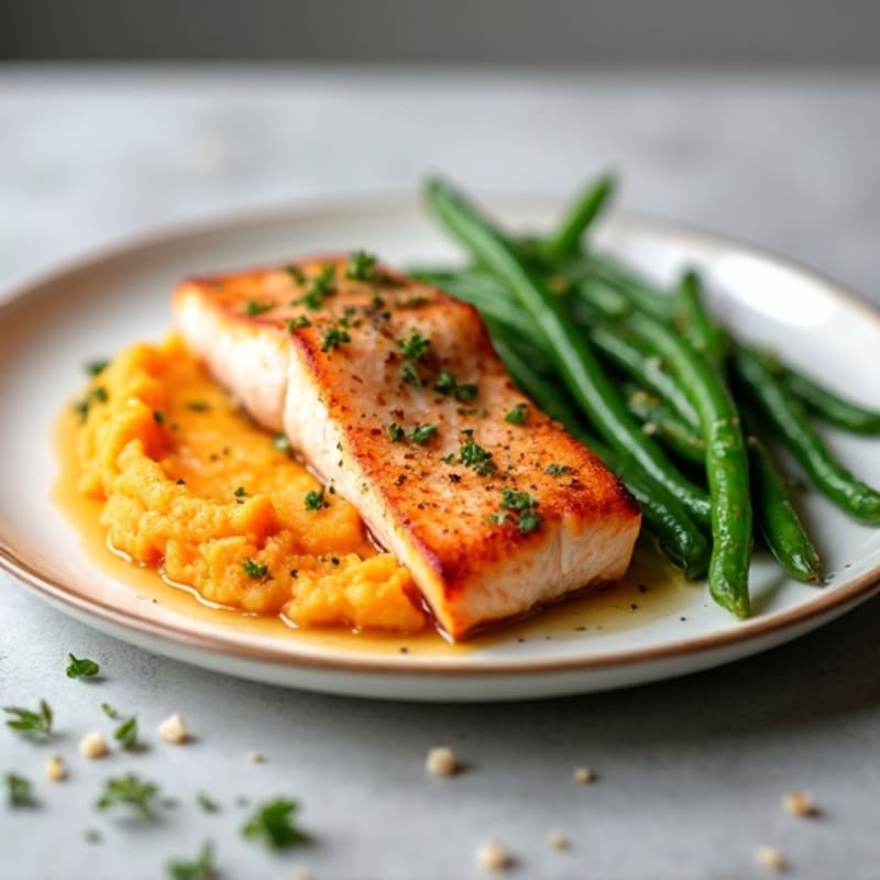 Seared Salmon with Garlic Mashed Sweet Potatoes and Steamed Green Beans