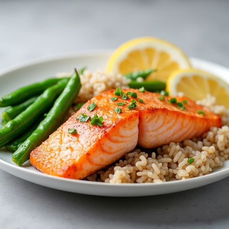 Seared Salmon with Steamed Green Beans and Brown Rice