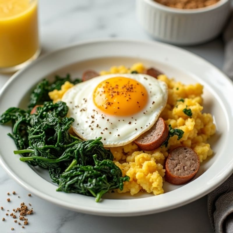 Egg White Scramble with Turkey Sausage and Sautéed Spinach