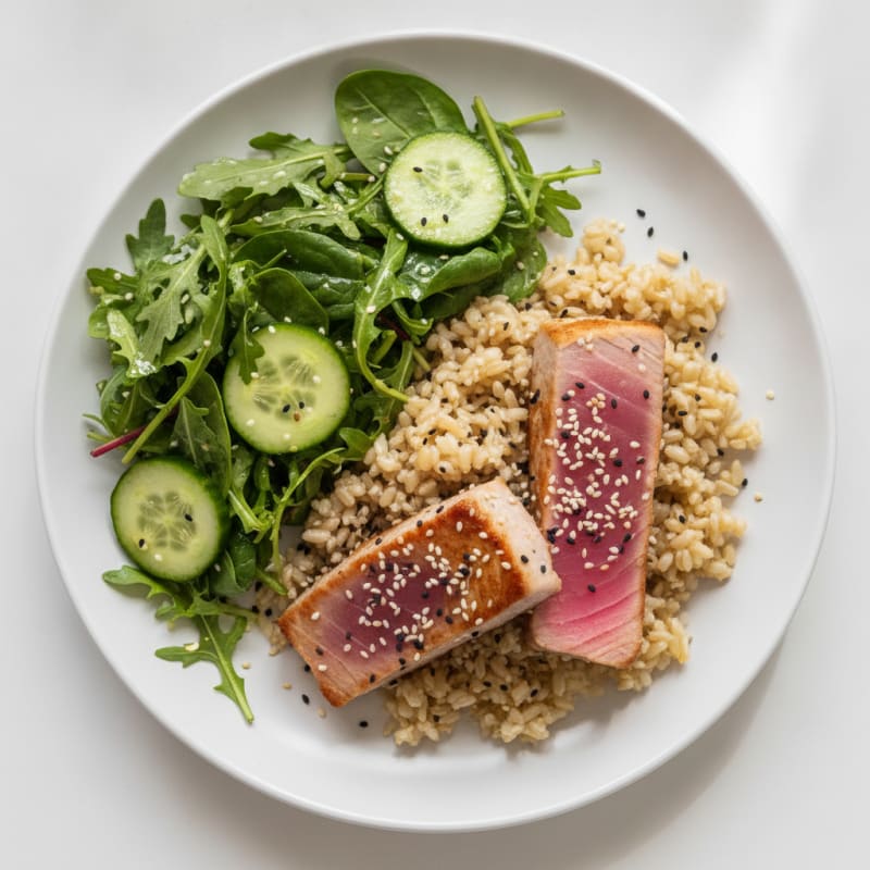 Seared Tuna and Mixed Greens Salad with Lemon Rice