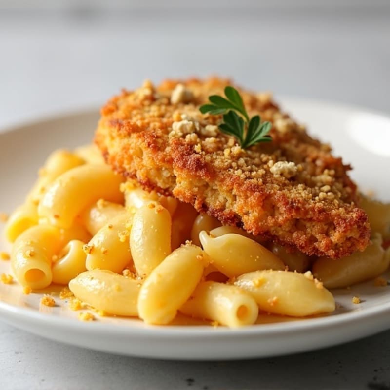 Creamy Cauliflower Mac and Cheese with Crispy Chicken