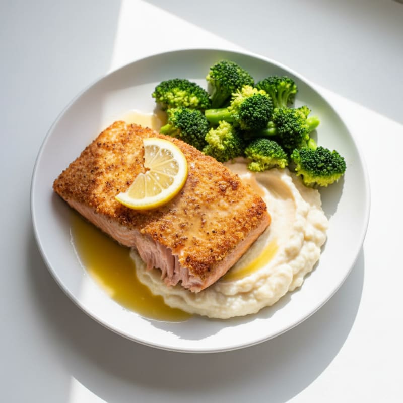 Seared Salmon with Steamed Broccoli and Garlic Cauliflower Mash