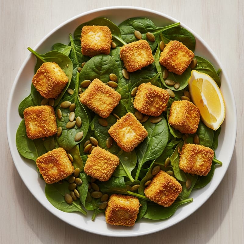 Crispy Tofu and Spinach Salad with Pumpkin Seeds