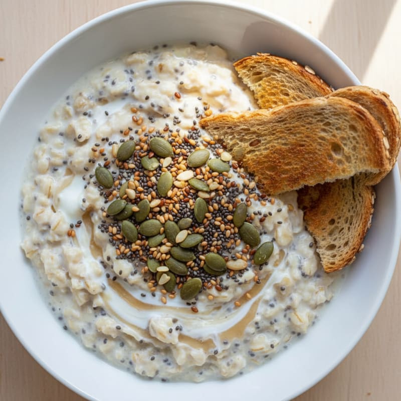 Egg White Chia Oatmeal with Toasted Seeds and Vogels Thin Toast