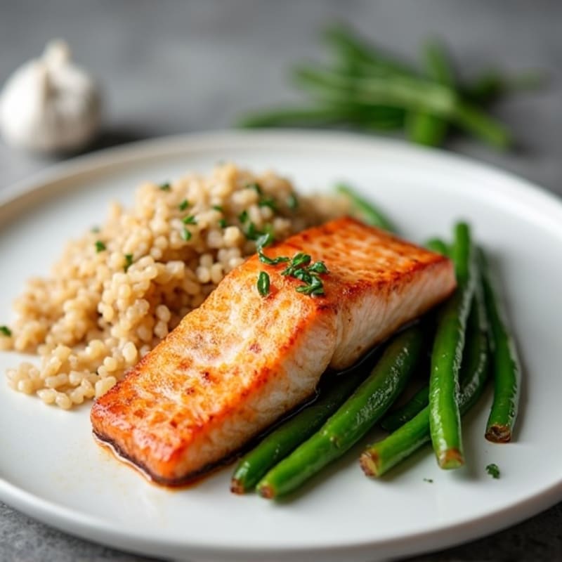 Seared Salmon Fillet with Garlic Green Beans and Brown Rice