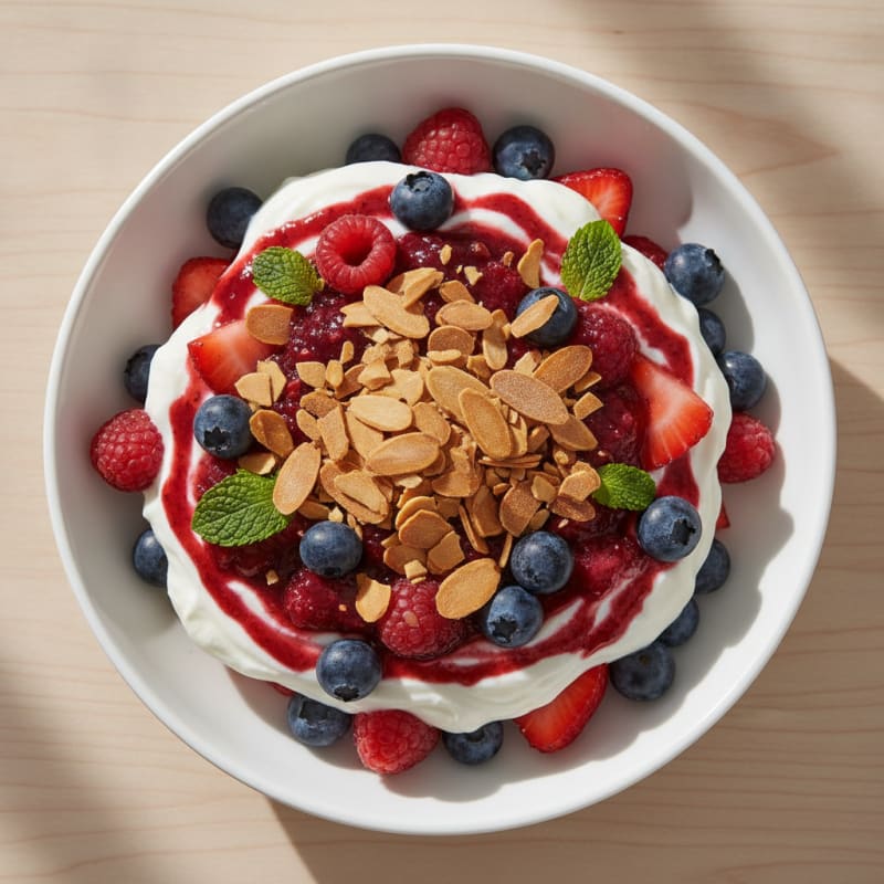 Greek Yogurt Protein Parfait with Mixed Berries and Almonds