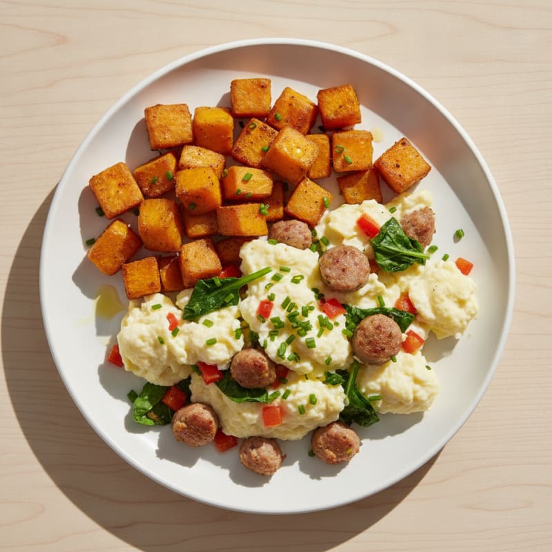 Egg White Scramble with Turkey Sausage and Roasted Sweet Potato
