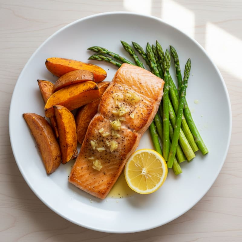 Seared Salmon Fillet with Roasted Sweet Potato and Asparagus