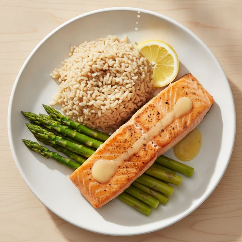 Seared Salmon Fillet with Steamed Asparagus and Brown Rice