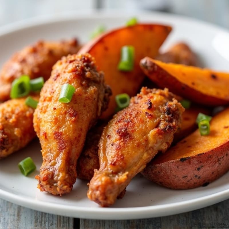 Crispy Baked Chicken Wings with Roasted Sweet Potato Wedges