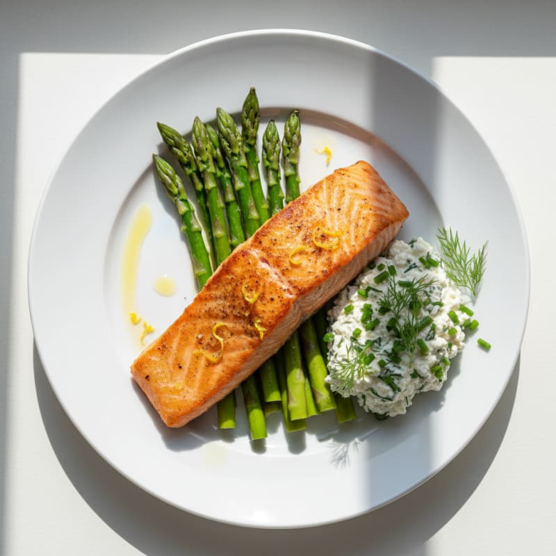 Seared Salmon Fillet with Steamed Asparagus and Herb Cottage Cheese