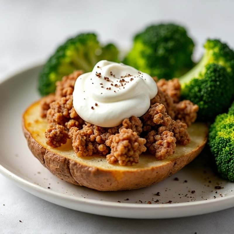 Crispy Baked Potato with Lean Ground Turkey, Roasted Broccoli, and Creamy Greek Yogurt