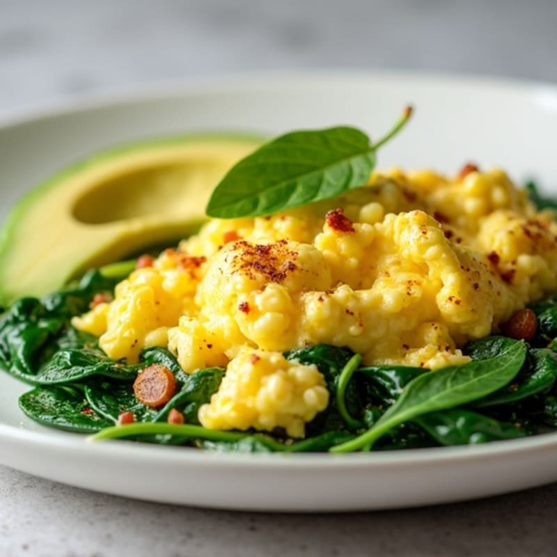 Fluffy Scrambled Eggs with Fresh Spinach and Creamy Avocado