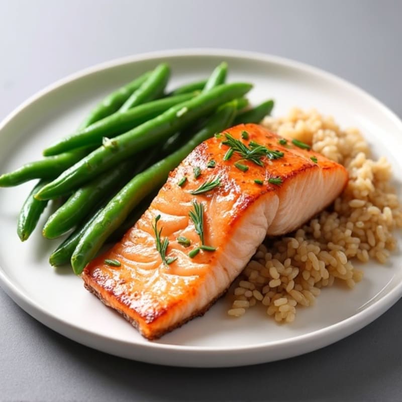 Seared Salmon with Garlic Green Beans and Brown Rice