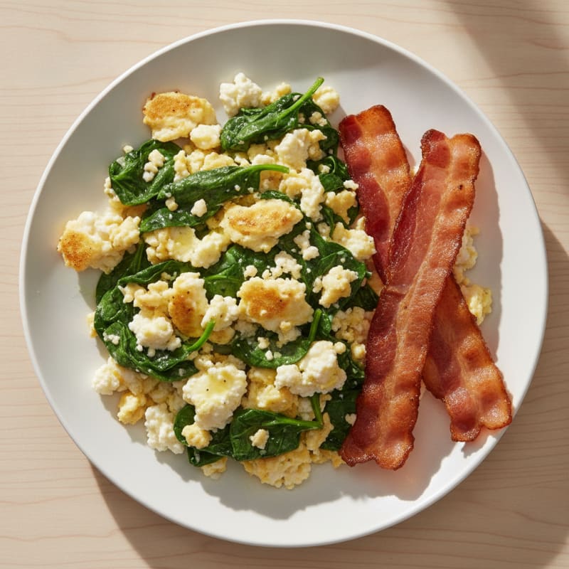 Cottage Cheese Egg Scramble with Spinach and Turkey Bacon