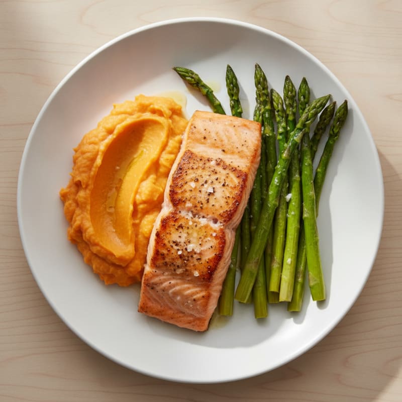 Seared Salmon Fillet with Roasted Asparagus and Sweet Potato Mash