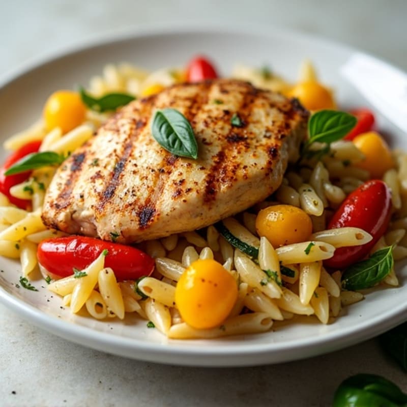 Garlic-Herb Roasted Vegetable Pasta with Grilled Chicken