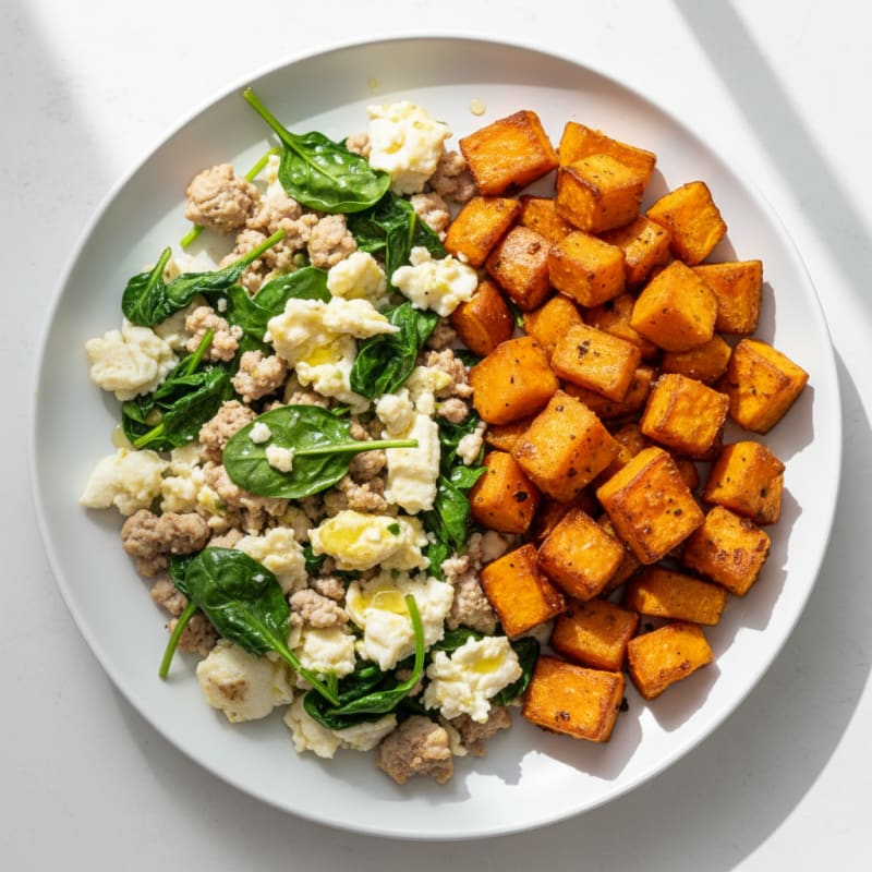 Egg White and Turkey Spinach Scramble with Roasted Sweet Potato