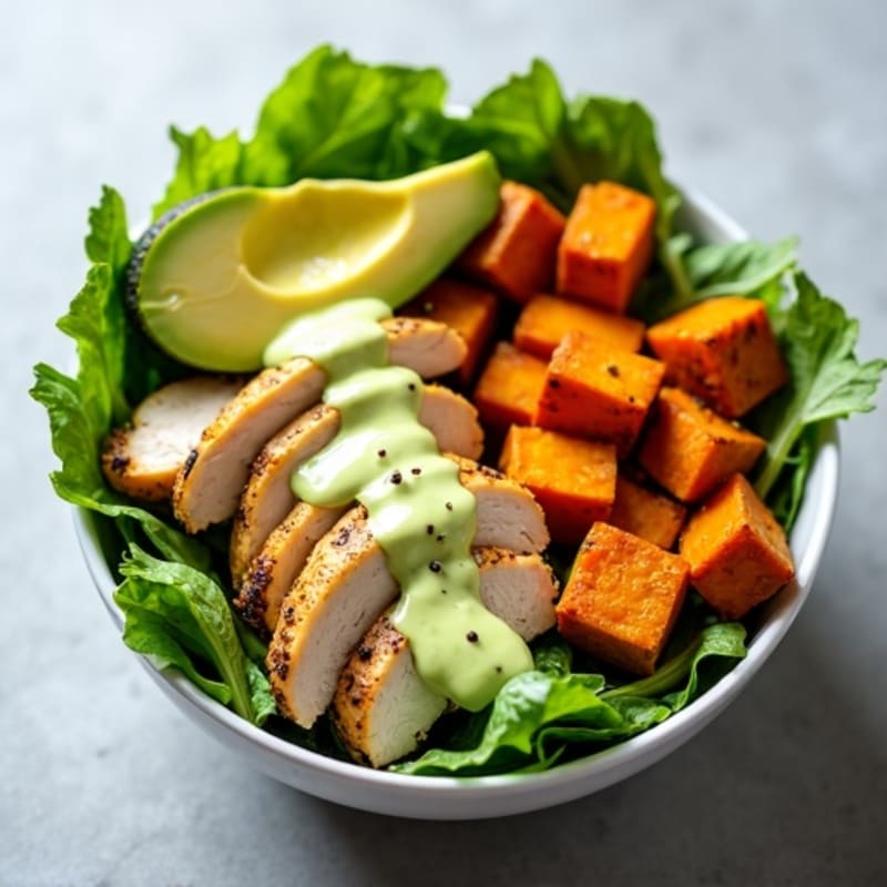 Chicken and Roasted Sweet Potato Power Bowl with Creamy Avocado Dressing