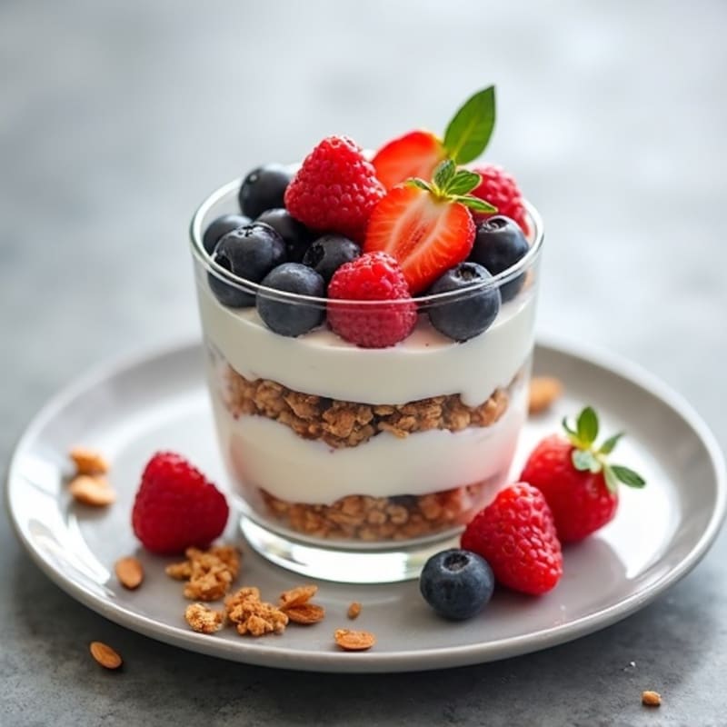 Greek Yogurt Parfait with Crunchy Almond Granola and Mixed Berries