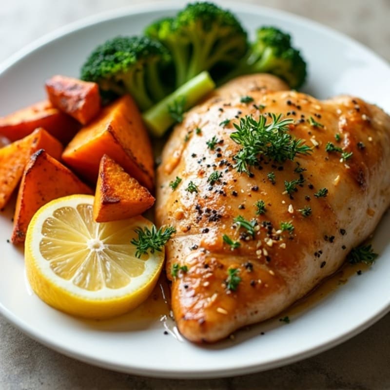 Lemon Herb Roasted Chicken with Crispy Roasted Broccoli and Sweet Potato