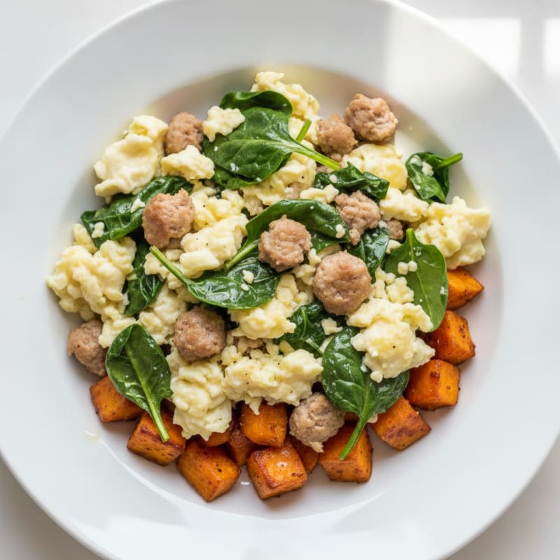 Egg White and Turkey Sausage Scramble with Spinach and Roasted Sweet Potato
