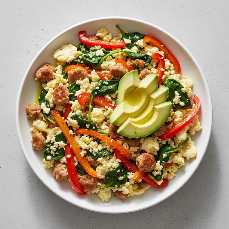 Egg White Spinach Scramble with Turkey Sausage and Sautéed Peppers
