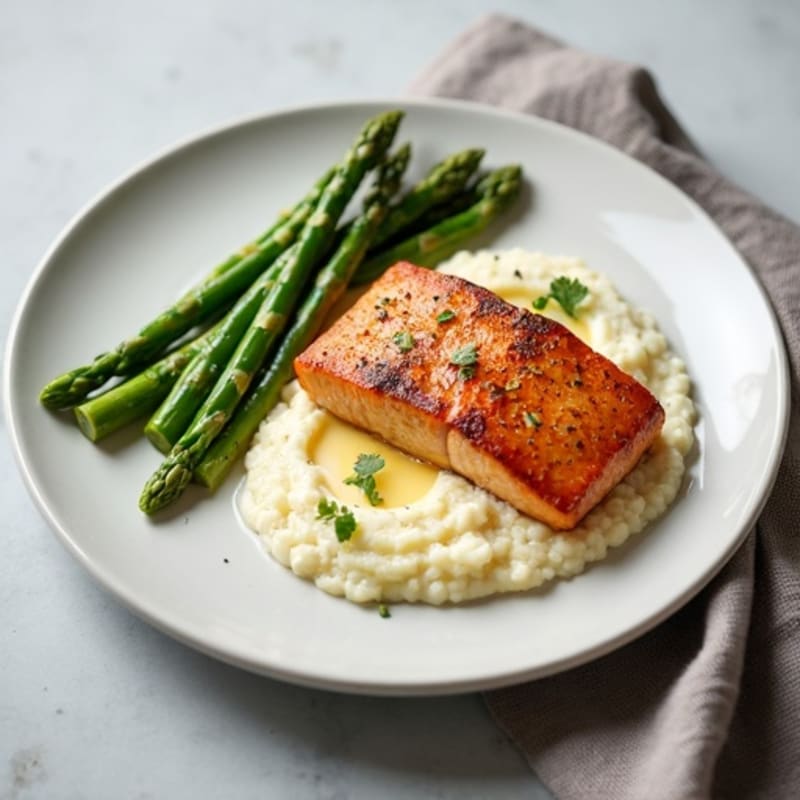 Seared Salmon with Steamed Asparagus and Cauliflower Mash