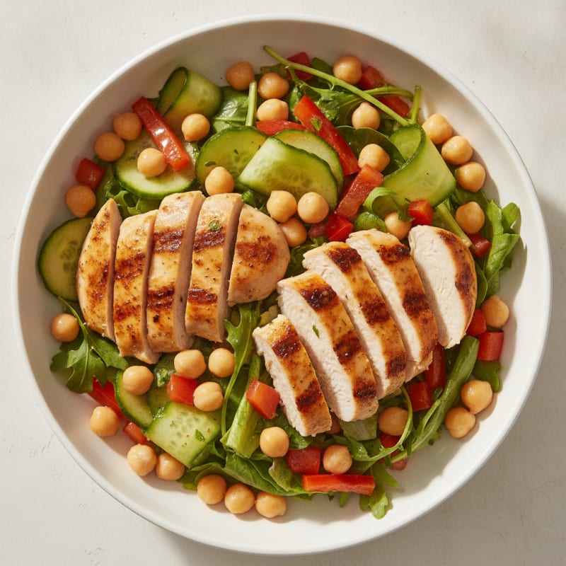 Grilled Chicken Breast Salad with Chickpeas and Crunchy Vegetables