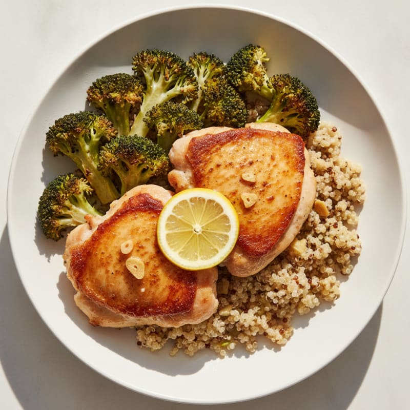 Seared Chicken Thighs with Roasted Broccoli and Quinoa