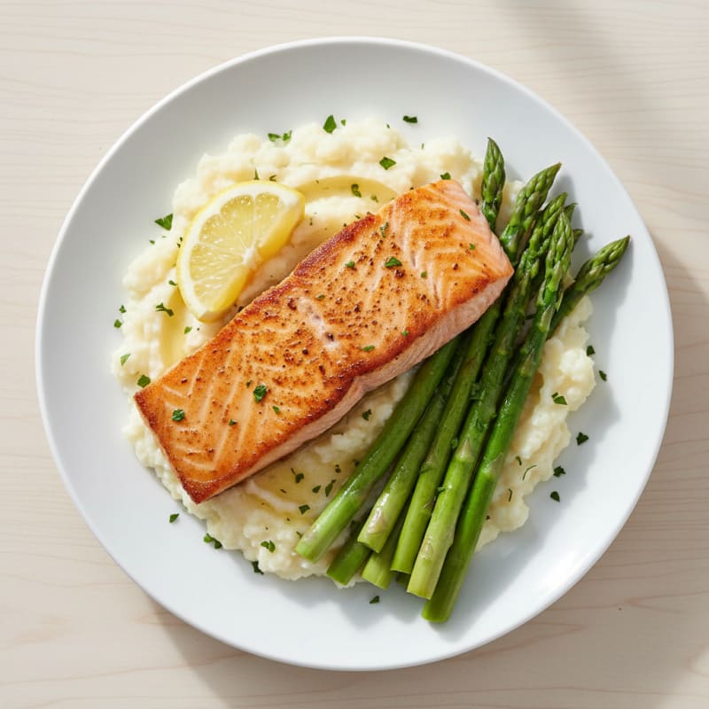 Seared Salmon with Steamed Asparagus and Garlic Mashed Cauliflower
